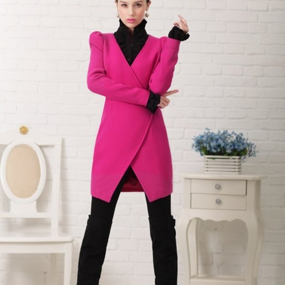 Fuchsia Pink Genuine Wool Long Jacket Blazer Coat - Picture 8 of 11